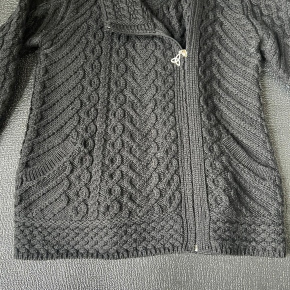 Aran Crafts Ireland 100% Merino Wool Side Zip Hooded Cable Knit Cardigan Black M - Picture 5 of 10